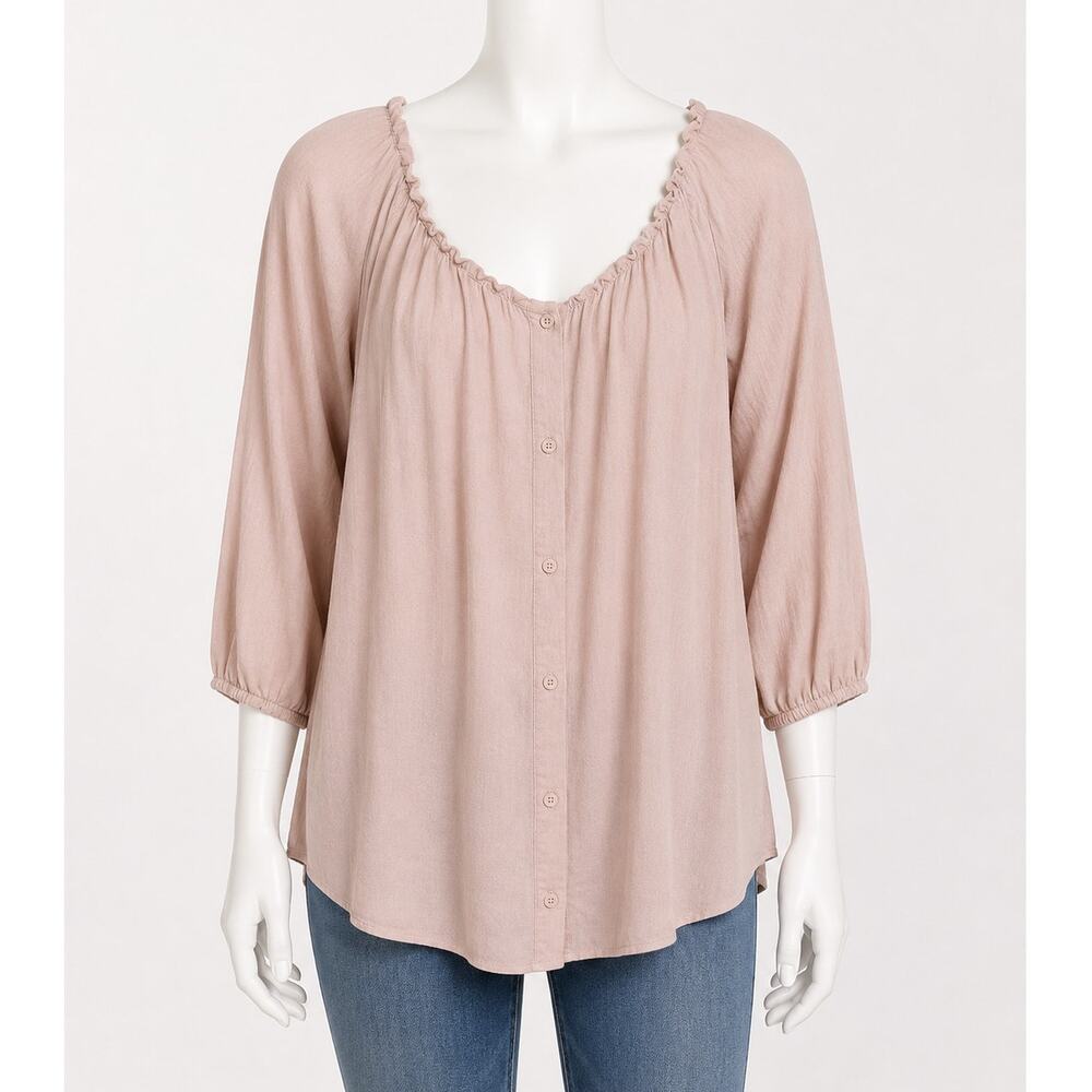 American Vintage Blush Off Shoulder 3/4 Sleeve Flowy Button Up Blouse Top Small